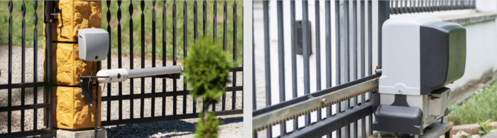 Close-up image of two types of automated gate openers attached to metal gates. The scene is outdoors, conveying modern technology in a residential setting.
